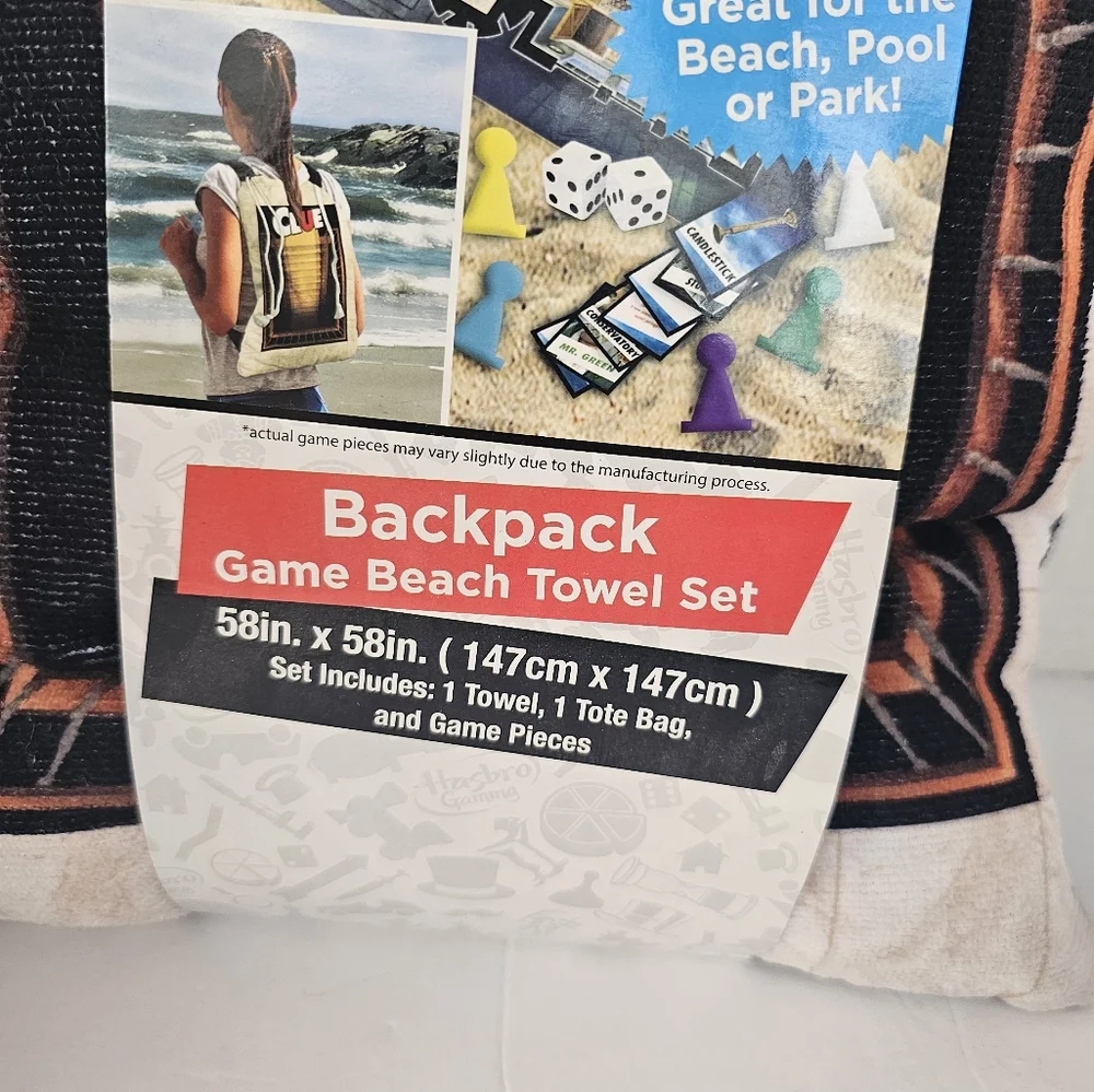 Hasbro Game CLUE Backpack Beach Towel Set With Tote Bag Bath Pool Park Kids NEW